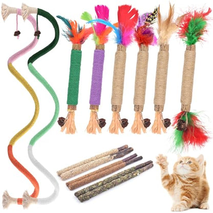 TINDTOP Cat Chew Toys, 12 Pack Silvervine Chew Sticks with 2 Pack Chew Ropes for Kittens Teeth Cleaning, Increase Appetite, Aggressive Chewers Cat Dental Toy - color: 14 Pack