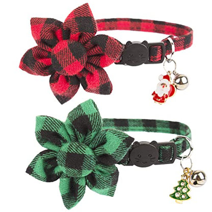 ADOGGYGO Christmas Cat Collars with Flower Bell, 2 Pack Breakaway Cat Christmas Collar with Removable Floral, Red Green Plaid Flower Collars for Cats (Red&Green-2) - color: Red&Green
