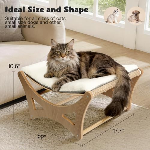 Cat Hammock Bed, Wooden Elevated Cat Beds with Natural Sisal Scratching Mat, Cats Scratcher Bed with Removable Soft Cushion, Cats Scratching Beds with Wood Frames, 22" L x 17.7" W - color: Natural Wood