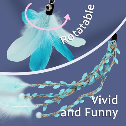 Cat Wand Toys for Indoor Cats - Cat Toy Set with Retractable Teaser Wand and 6 PCS Fairy Feather Toy Refills, Dragonfly Tassel Plush Cat Toys Interactive, Blue - color: Blue