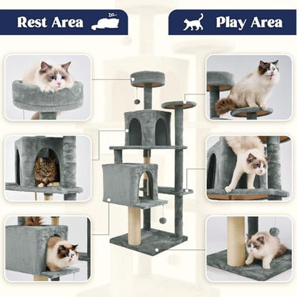 58.5inch Large Cat Tree Tower Condo for Indoor Cats, Soft Plush Multi-Level Climbing Tree Cat House, Scratching Post, More Entrance/Exit, Sisal Rope, Grey - color: Grey