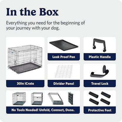 MidWest Homes for Pets 30-Inch iCrate for Medium Breeds, 21-40 lbs, Single Door Folding Dog Crate with Divider Panel, Leak-Proof Tray & Secure Latch, Portable, Durable & Easy to Assemble - size: 30.7"L x 19.3"W x 21.5"H