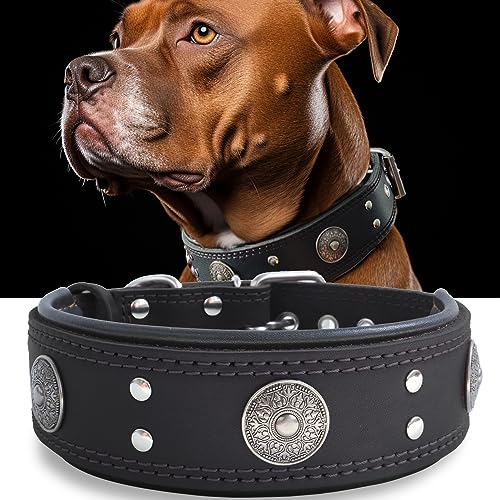 Leather Dog Collar, 2 inches Wide Heavy Duty Genuine Leather Collars, Handmade, Soft, and Luxury, Eye-catching Best Choice for Large and Medium Breed Dogs, Black 18.5-22.5 inches - color: Black, size: 18.5-22.5 in