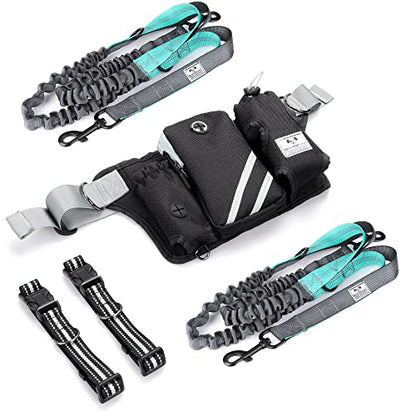 SHINE HAI Retractable Hands Free Dog Leash with Dual Bungees for 2 Dogs, Adjustable Waist Belt Fanny Pack, Reflective Stitching Leash for Running Walking Hiking Jogging Biking Black - color: Blue/Black