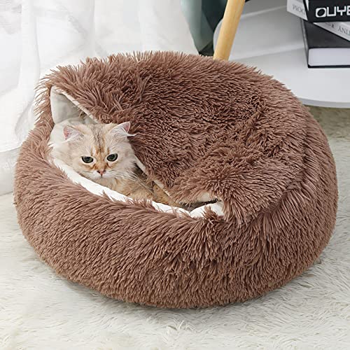 15.8'' Soft Round Plush Faux Fur Pet Bed for Cats or Small Dogs, Anti-Anxiety Cat Bed Puppy Bed, Washable Fluffy Anti-Slip Mute Base, Soft Pet Round Bed, Snooze Sleeping Cozy Kitty Kennel (Brown) - color: Brown