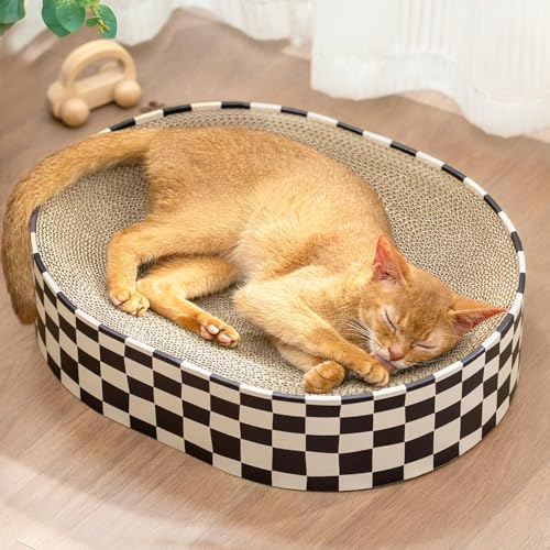 Conlun Cat Scratcher Cardboard,2 in 1 Oval Cat Scratch Pad Bowl for Indoor Kitty Grinding Claw,Round Kittens Scratching Board Corrugated Lounge Pet Beds&Furniture Protector for Sofas - color: Checkerboard, size: Medium(16.9"L x 12.9"W x 3.9"Th)