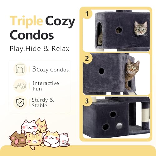 Heybly Cat Tree, 74-Inch Streamlined Cat Tower for Large Cats with 3-Tier Stacked Condos, Cat Furniture with Large Perch, Sturdy Base, Full Sisal Scratching Posts & Ramp, Smoky Gray HCT061G - color: Smoky Gray