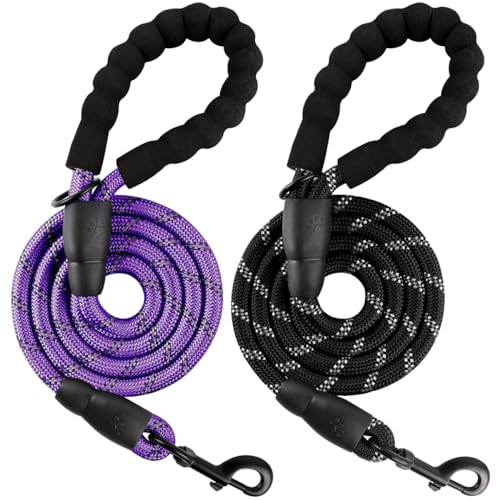 BARKBAY Dog Leashes for Large Dogs Heavy Duty Dog Leash 2 Pack 5 FT with Comfortable Padded Handle Highly Reflective Threads for Medium Large Dogs Walking Training Running (5FT-1/2,Purple+Black) - color: Purple+Black, size: 5 Feet