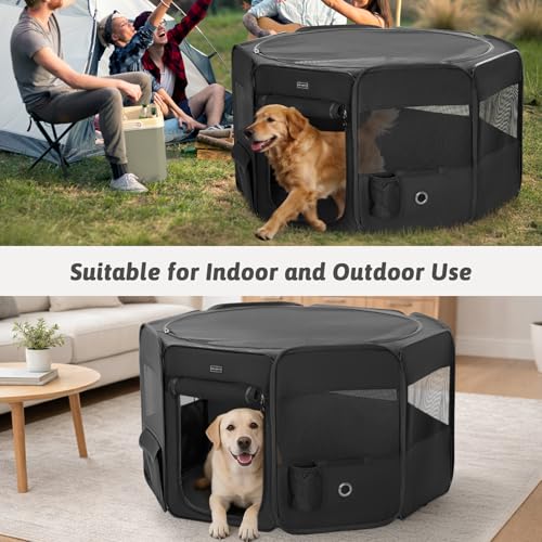 PETSFIT 45.5" Dog Playpen Indoor/Outdoor-Jump-Proof 28.5" Height with Removable Waterproof Mat & Zippered Roof | RV, Camping, Travel Dog Pen | Whelping & Cat Observation Space(45.5"L x 45.5"W x 28.5H) - color: Black