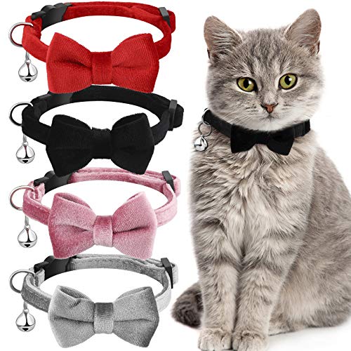 4 Pieces Cat Bow Tie Collar with Bell Breakaway Cat Comfortable Velvet with Cute Safety Pet Collar for Pet Kitten Puppy(Small,Black, Red, Gray, Pink) - color: Black, Red, Gray, Pink, size: Small