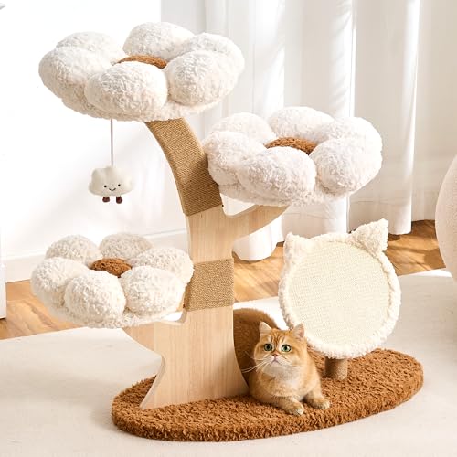 Modern Cat Tree Tower for Indoor Cats Large Adult, 37 inch Flower Cat Tree with Scratching Post, Luxury Aesthetic Cat Tree with Cloud-Soft Flower Perches and Physical Mouse-Sound Hanging Toy - color: cream white, size: 37 inch-Cat Scratcher