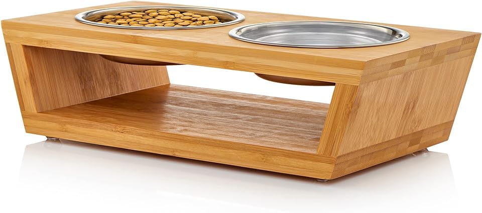 4" Tall Elevated Dog Bowls for Small Dogs, Food and Water Bowl Set by Pawfect Pets (Natural Bamboo) - color: Bamboo