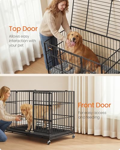 Feandrea Heavy-Duty Dog Crate, 5-Minute Quick Assembly, Foldable Dog Kennel Cage with Lockable Wheels, Double Doors, Escape Proof Fixed Bottom, Removable Tray, Easy to Clean, Ink Black, 48 Inch - size: 48.0"L x 29.5"W x 34.6"H