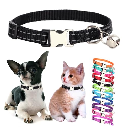 Black Puppy Collar with Bell, Reflective Nylon XS Cat Collars Soft Adjustable Buckle for XXS XSmall Small Puppy Female Tiny Pets Dogs Boy Girl Kitten Yorkie Chihuahua X-Small - color: Black