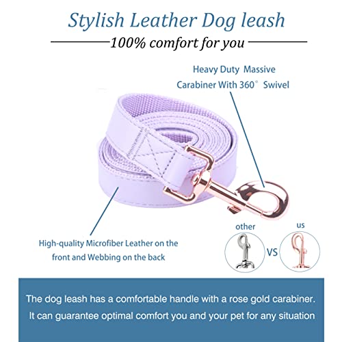 Dog Collar and Leash Set.Soft and Easy to Clean Vegan Leather with Rose Gold Metal Buckle for Small Medium Large Dogs (Light Purple, M(13.8"-19.7")) - color: Light Purple, size: M