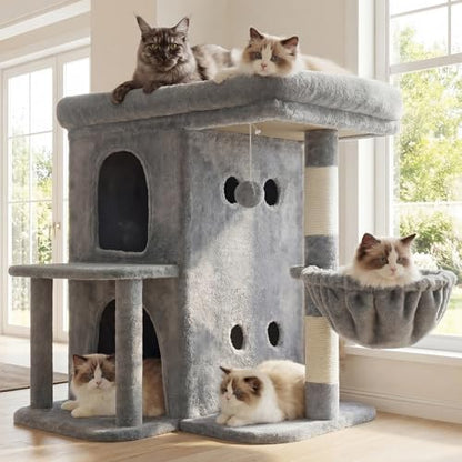 Heybly Cat Tree, 25.6-inch Cat Tower with Spacious Top Perch for Large Cats, Stair-Style Cat House Furniture with Dual-Layer Condos, Sisal Scratching Posts, Cozy Basket & Pompom, Light Gray HCT204SW - color: Light Gray, size: 25.6 inch