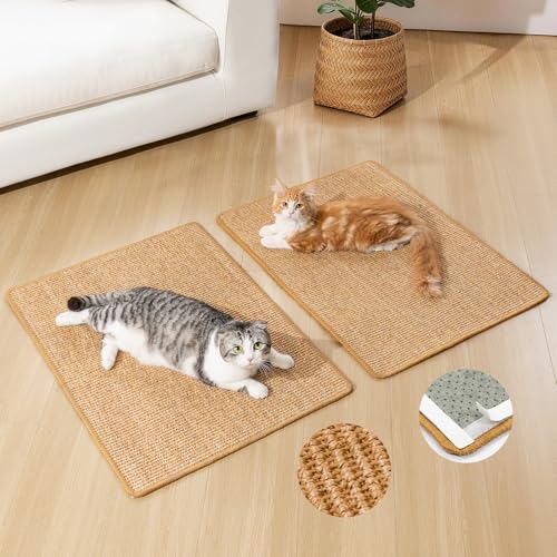 Cat Scratcher Mat,Sisal Cat Scratch Pad with Hook&Loop Tape,Wall Floor Kitten Scratching Pads Rug for Indoor,Furniture Protector for Couch&Carpets&Sofas,Kitty Bithday Gifts,Large,Brown,2 Pack - color: Brown, size: 2 Pack-L (31.5'' X 23.6")