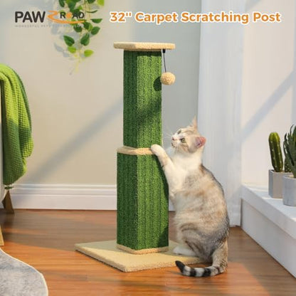 PAWZ Road Carpet Cat Scratching Post 32” Tall Scratching Post for Indoor Cats Adults Ultimate Scratch Post with Carpet, Large Base and Removable Dangling Ball- Green - color: Green