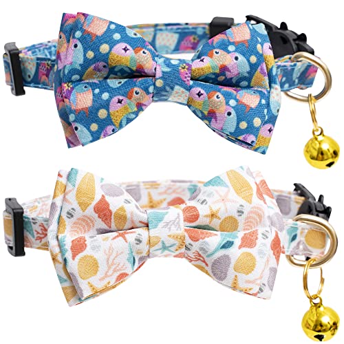 Faygarsle 2 Pack Cotton Designer Breakaway Cats Collar with Bow Tie and Bell Marine Theme Cat Collars for Girl Female Boy Male Cat Collar with Bell Fish Collars for Cats Collar Shell Pattern - color: Fish&Shell