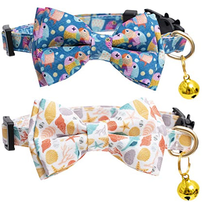 Faygarsle 2 Pack Cotton Designer Breakaway Cats Collar with Bow Tie and Bell Marine Theme Cat Collars for Girl Female Boy Male Cat Collar with Bell Fish Collars for Cats Collar Shell Pattern - color: Fish&Shell