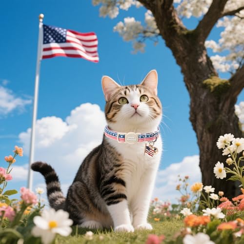 Unique style paws 2 Pack Independence Kitten Collar Breakaway with Bell&Pendant, Adjustable Safety Striped Star Flag Cat Cotton Collar for Girl Boy Cat and Small Pet - color: Striped Star Flag