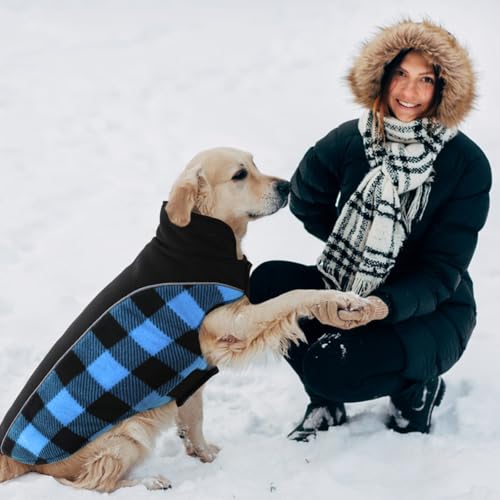 Kuoser Dog Winter Coat, Reversible Waterproof Dog Jacket with Reflective Strip, Warm Dogs Fleece Vest Adjustable Doggy Cold Weather Clothes Plaid Christmas Outfit Pet Apparel for Large Dogs, Blue L - color: Blue, size: Large (Chest Girth: 20.9-24.4'' )