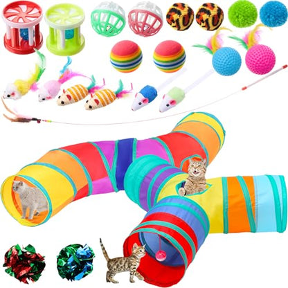 Poen 22pcs Cat Kitten Toys Set with 2 Collapsible Cat Tunnel and 20 Interactive Kitty Feather Toy, Fluffy Mouse, Crinkle Balls, for Kitten Puppy(Multicolor) - color: Multicolor