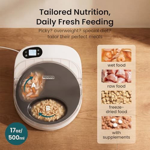 Refrigerated Automatic Cat Feeder Wet Food with Semiconductor Cooling, No Ice Packs 48H Fresh Keeping, Removable Dual-Section Tray, 4-Meal Timer for Portion Control, Work Schedules & Weekend Travel