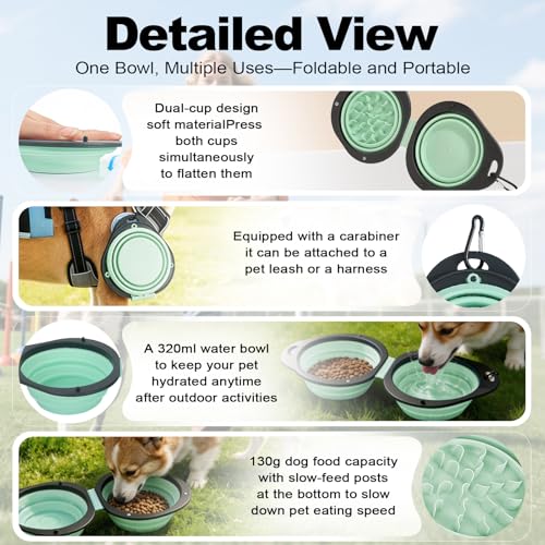 Green Collapsible Dog Bowls with Carabiner 2-in-1 Foldable Slow Food Bowl(130g)&Water Bowl(320ml) for Dogs and Cats Travel - color: Green