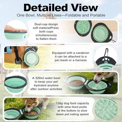 Green Collapsible Dog Bowls with Carabiner 2-in-1 Foldable Slow Food Bowl(130g)&Water Bowl(320ml) for Dogs and Cats Travel - color: Green