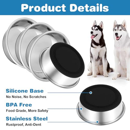 4 Pcs 8 Cup Stainless Steel Dog Bowls for Food and Water with Silicone Base Anti-Slip, Heavy Duty Extra Thick Anti Rust Metal Bowls for Medium Dogs (67oz, Black)