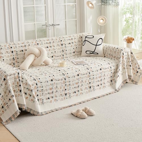 Abstract Chenille Couch Cover Blanket Beige Khaki Black Boho Sofa Cover, Washable Furniture Protector, Universal Slipcover for Couch, Geometric Brushstroke Jacquard, Large 71"x118" - color: A1# Beige/Khaki/Black - Abstract, size: Large 71" x 118"