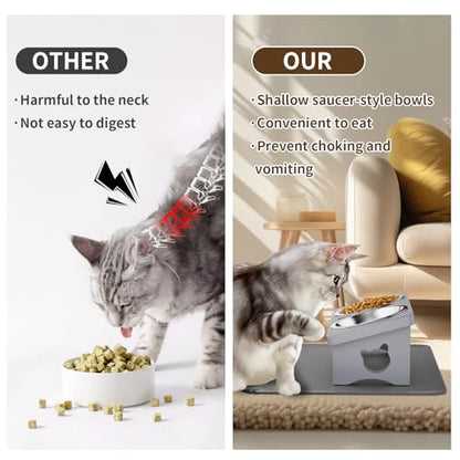 Elevated Cat Bowls, 15° Tilted Raised Cat Food Bowl with Solid Wood Stand & Stainless Steel Dishes, Cat Feeding Station with Silicone Mat, Helps Reduce Vomiting for Cats & Small Dogs(Slate Grey) - color: Gray