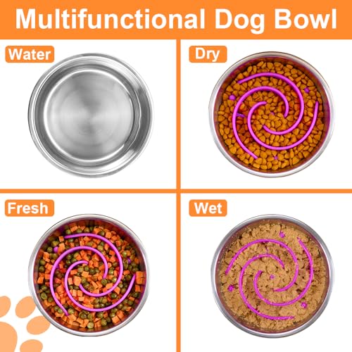 2-in-1 Metal Dog Bowl with Slow Feeder Insert, Stainless Steel Dog Bowls Food Grade 304, Water Food Bowl with Anti-Slip Silicone Base for Small, Medium, Large Dogs - color: Purple, size: 1 Cup