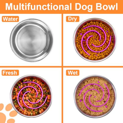 2-in-1 Metal Dog Bowl with Slow Feeder Insert, Stainless Steel Dog Bowls Food Grade 304, Water Food Bowl with Anti-Slip Silicone Base for Small, Medium, Large Dogs - color: Purple, size: 5 Cups