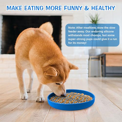Fhiny Slow Feeder Dog Bowl Non-Slip Silicone - Blue Pet Food Dish for Fast Eaters, Dishwasher Safe - color: Blue