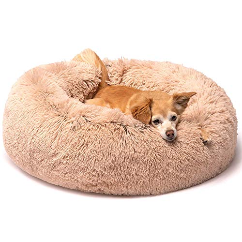 Friends Forever Donut Dog Bed Faux Fur Fluffy Calming Sofa For Small Dogs, Soft & Plush Anti Anxiety Pet Couch For Dogs, Machine Washable Coco Pet Bed with Non-Slip Bottom, 23"x23"x6" Tan - color: Tan, size: Small (23"x23"x6"), style: Donut