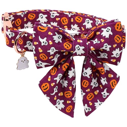 DOGWONG Cotton Fall Dog Collar, Purple Halloween Dog Collar with Bow Cute Purple Pumpkin Dog Collars Puppy Necklace for Female Small Medium Large Dogs - color: deep ghost, size: XS