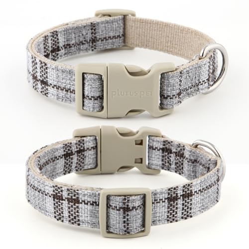 Plutus Pet Cotton Hemp Dog Collar and Leash Set, Adjustable Collar for Small, Medium, and Large Dogs, Heavy Duty and Soft on Skin, Gray Plaid, S - color: Grey Plaid, size: Small