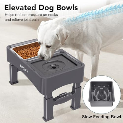 UPSKY 3-in-1 Elevated Dog Bowls Slow Feeder, Adjustable Stand, No Spill Water Dispenser, Stainless Steel Food & Water Bowl for Small Medium Dogs - color: D-3 in 1 (Grey)