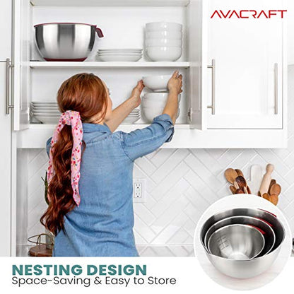 AVACRAFT 18/10 Stainless Steel Mixing Bowls with Lids, non slip silicone base bowls with Handle, Mixing Bowl Set with Pour Spouts & Measurement Marks, Home Essentials Cooking Bowls, (Red) - color: Red