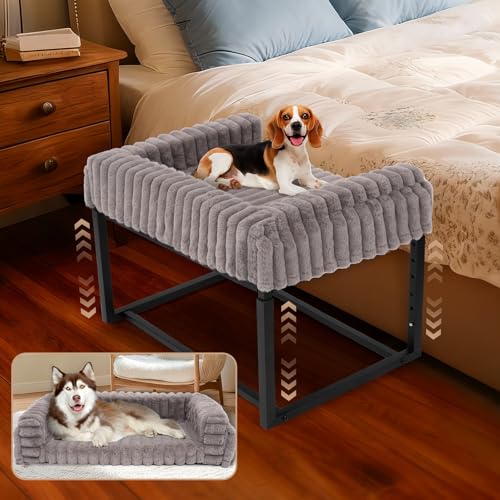 Beside Dog Bed,Adjustable Height Dog Bunk Beds,27.5''x 18''Metal Dogs Bed Frame with Washable Removable Corduroy Cover,Memory Foam Pet Bed with Sides,Medium - size: Medium