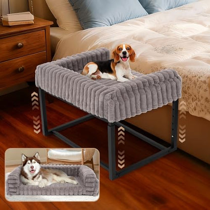 Beside Dog Bed,Adjustable Height Dog Bunk Beds,27.5''x 18''Metal Dogs Bed Frame with Washable Removable Corduroy Cover,Memory Foam Pet Bed with Sides,Medium - size: Medium