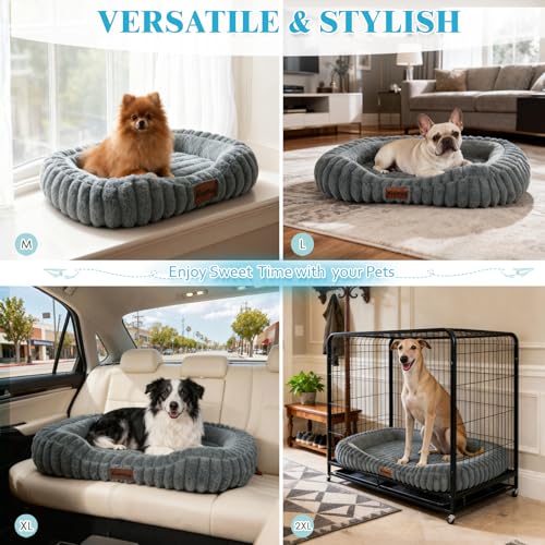 Cute Washable Dog Bed for Small Dogs -Soft Plush Calming Puppy & Cat Bed with Anti-Slip Bottom, Rectangle Anti-Anxiety Puppy Kennel Bed with Handle, 25" x 21" x 4",Grey - color: Warm Gray, size: 25"L x 21"W x 4"Th