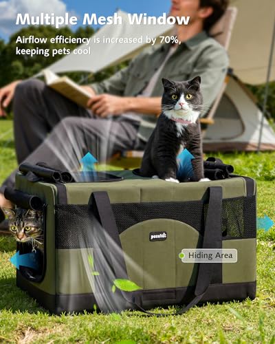 Pecute Dual Compartment Pet Carrier for Multi-Cat Families & Small Dog Owners, Collapsible Dog Crate with Reinforced Steel Frame, Car Safety Design for Travel, Vet Visits & Home Use, Green - color: Green