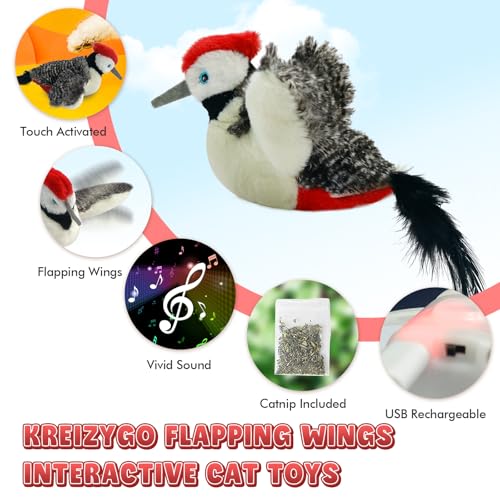 Cat Toys, Flapping Wings Woodpecker, No Flying, Chirping Bird Interactive Catnip Toy for Kitten or Small Dogs, Touch Activated, Rechargeable, 3 Modes - color: Smart Woodpecker