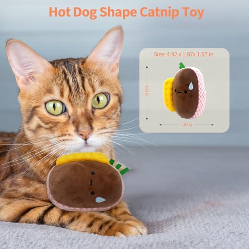Cat Toys - Hot Dog, Fun Kick and Toss Catnip Toy with Crinkle Sound, Includes Catnip & Silvervine Powder (5g+5g) + 5 Reusable Pouches, Gift for Indoor Cats - size: Long