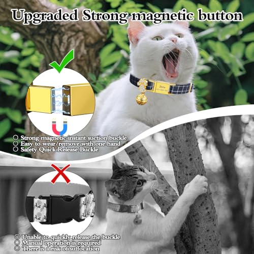 Personalized Breakaway Cat Collars - Magnetic Buckle, Bell - Safety Quick Release, Customized for Girls & Boys Cats- (Checkered-Navy) - color: Checkered-Navy