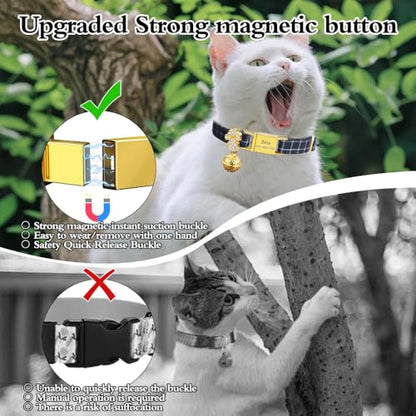 Personalized Breakaway Cat Collars - Magnetic Buckle, Bell - Safety Quick Release, Customized for Girls & Boys Cats- (Checkered-Navy) - color: Checkered-Navy