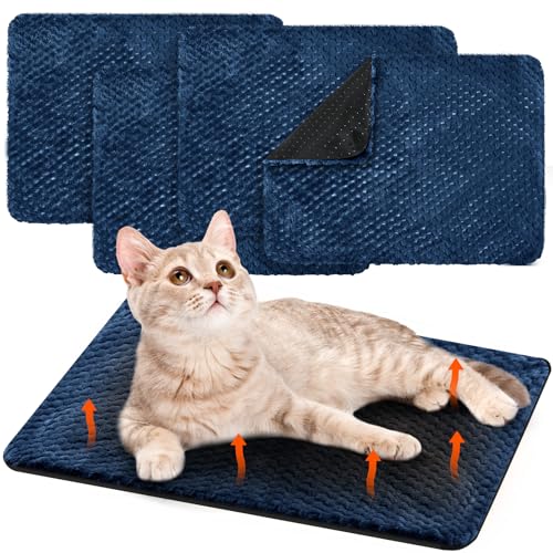 Drydiet 4 Pcs Self Heating Cat Pad Self Warming Cat Bed Dog Heating Pad Washable Thermal Pet Mat for Indoor Outdoor Pet 16 x 20 Inch Removable Non Slip(Navy Blue) - color: Navy Blue
